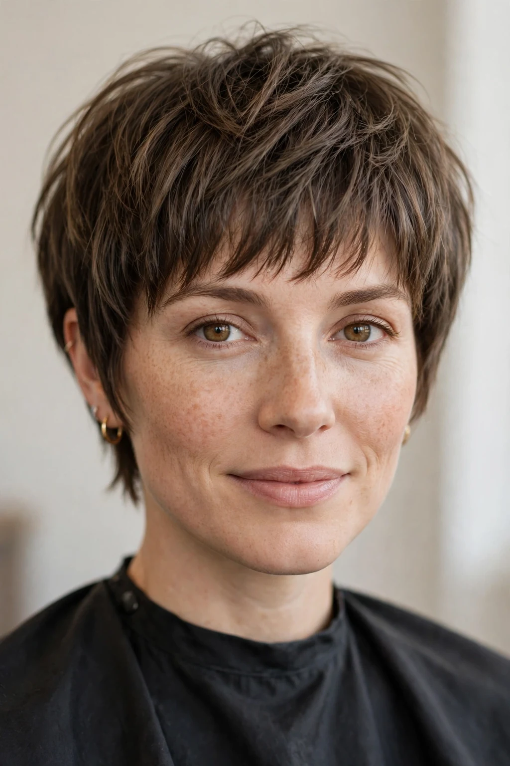 Woman with pixie bob and bangs, soft fringe with short cut, flattering light.