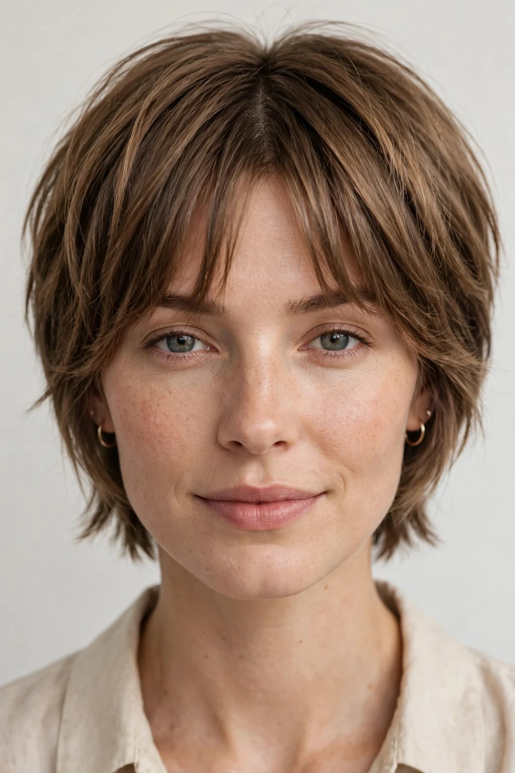 Woman with pixie bob and curtain bangs, parted fringe with short cut, soft light.