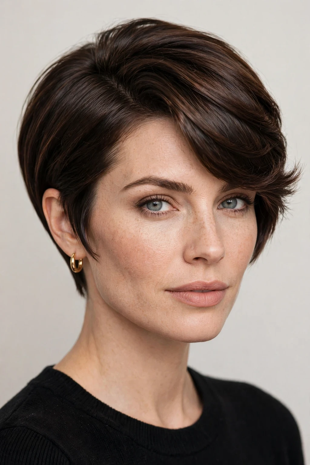 Woman with pixie bob and deep side part, dramatic sweep, elegant studio light.