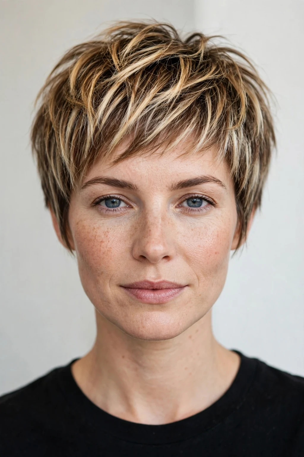 Woman with pixie bob and highlights, dimensional color with short texture, bright light.