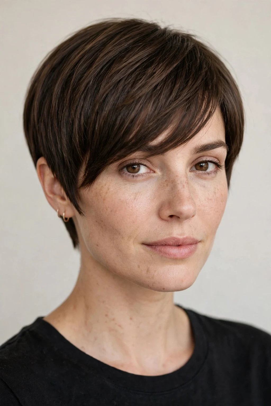 Woman with pixie bob and long fringe, sweeping fringe with short back, chic light.