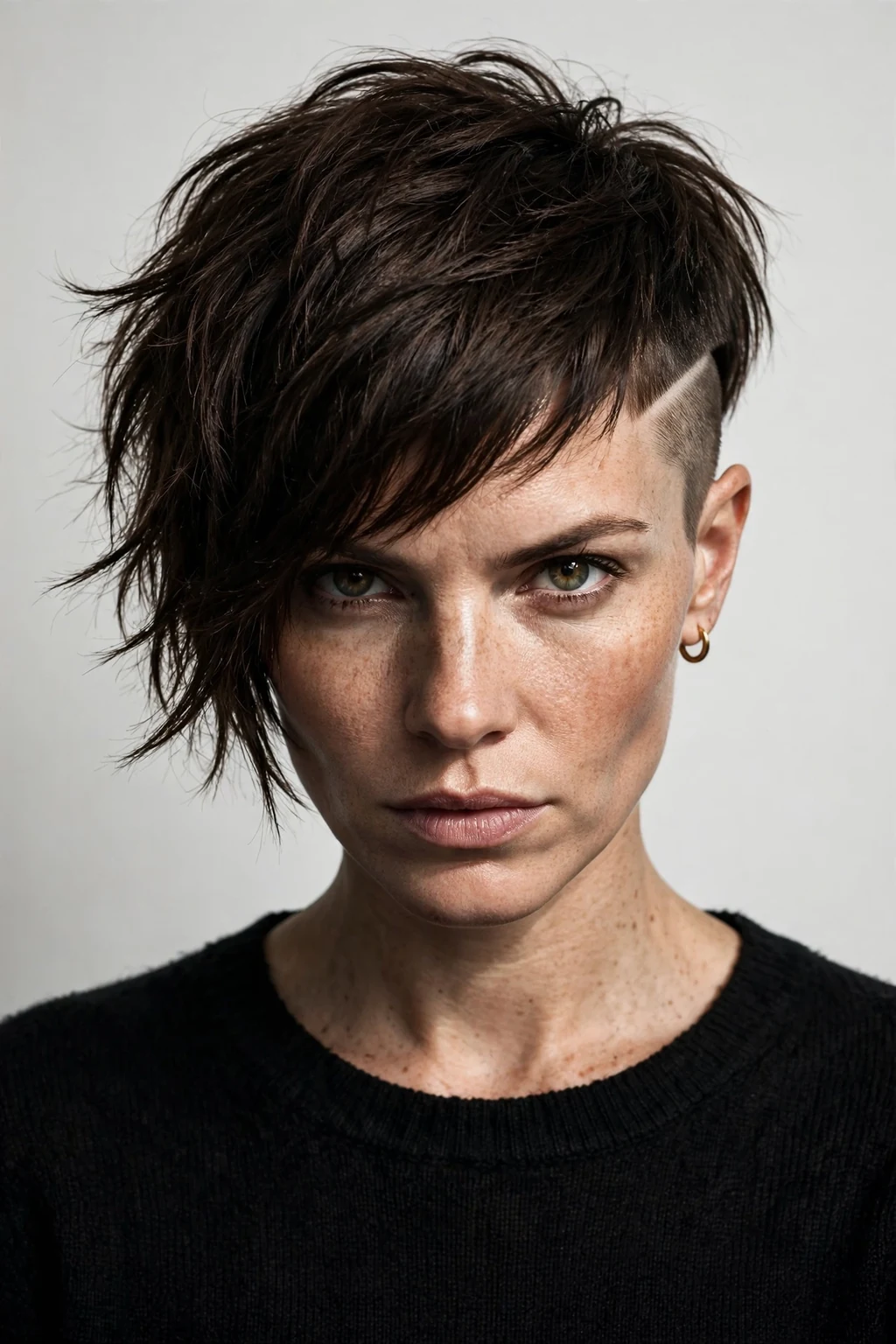 Woman with pixie bob and shaved side, bold shaved detail, fierce modern light.