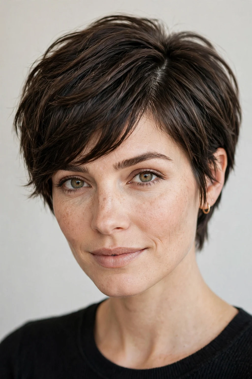 Woman with pixie bob and side part, elegant sweep with short layers, soft light.