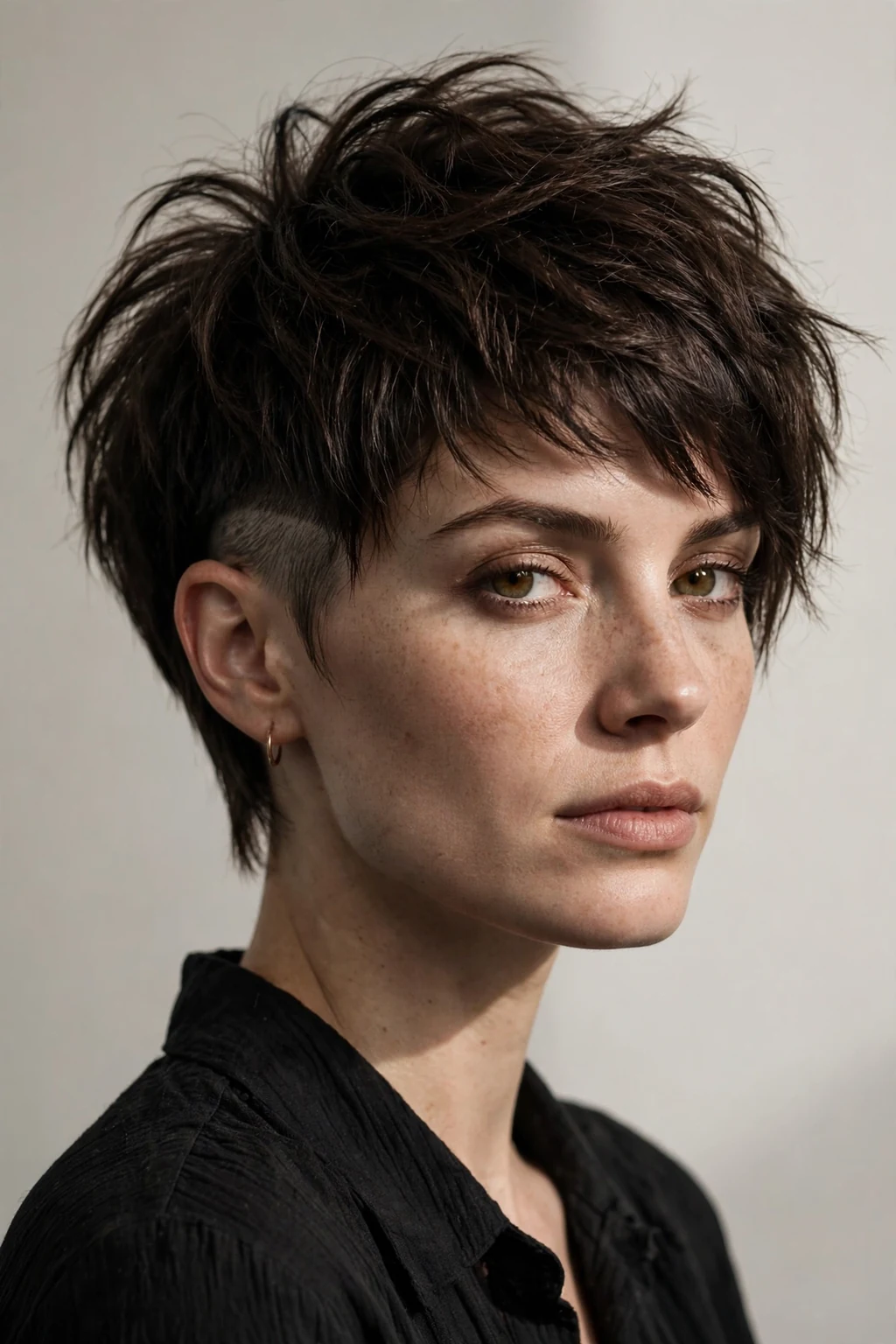 Woman with pixie bob and undercut, hidden shaved sides, modern edgy cut.