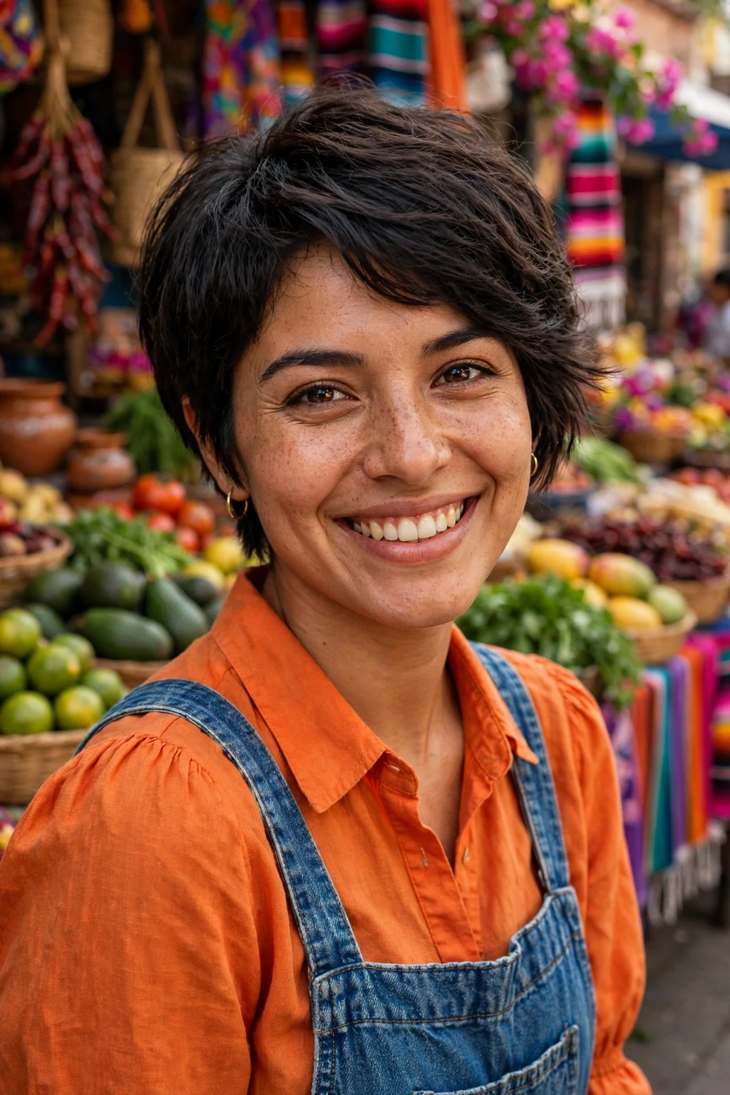 Young Mexican woman with a pixie bob in a street market wearing an orange blouse.