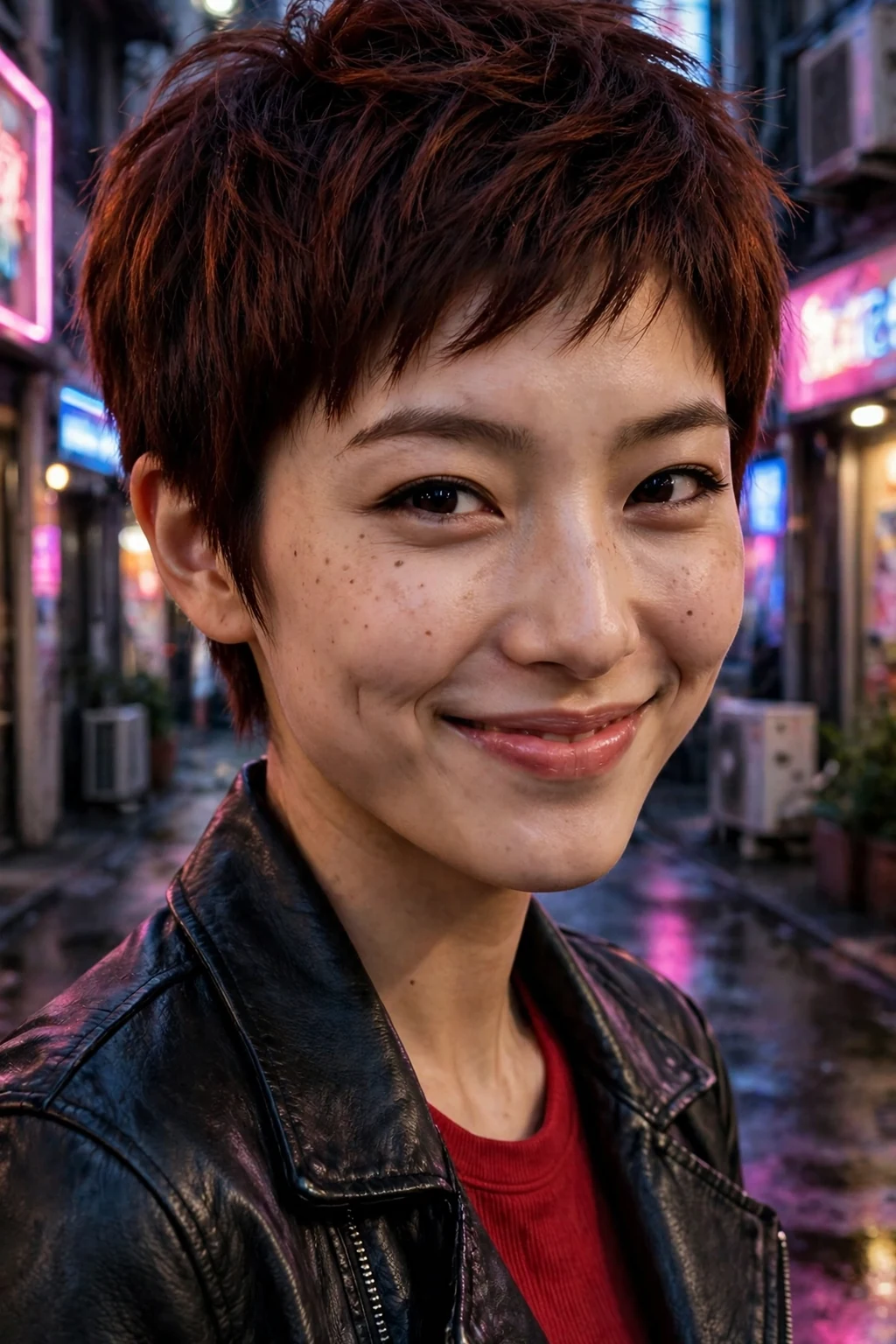 Young woman wearing a short textured pixie cut wig in dark auburn.