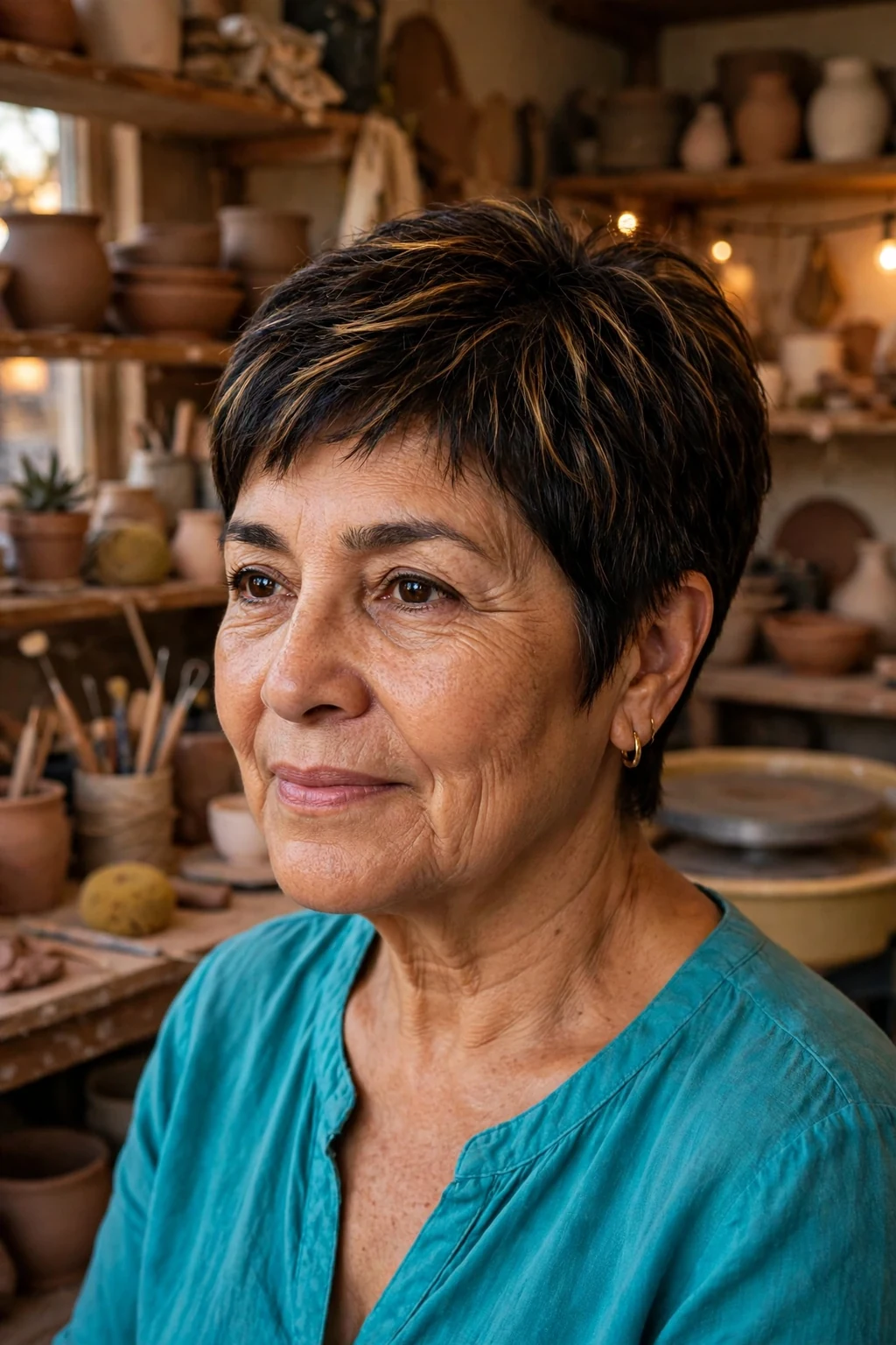 A Hispanic woman in her late fifties with a highlighted pixie haircut, wearing a turquoise blouse in a pottery studio.