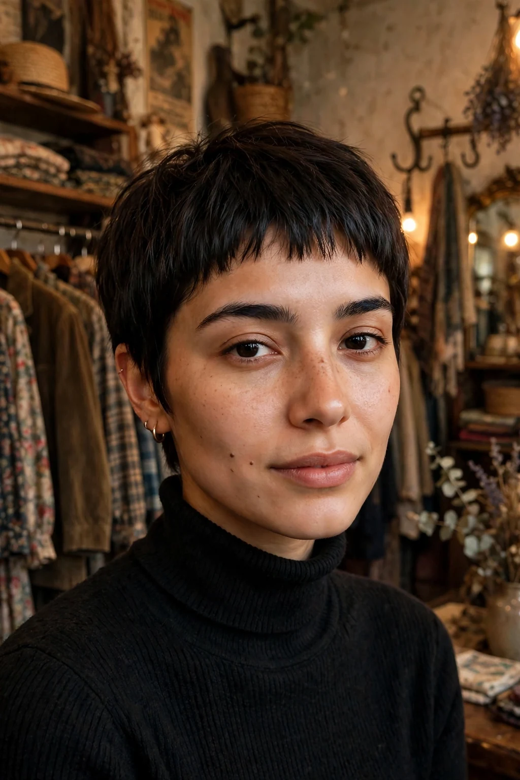 Young woman with a pixie and micro fringe, very short brow fringe, in a vintage boutique.