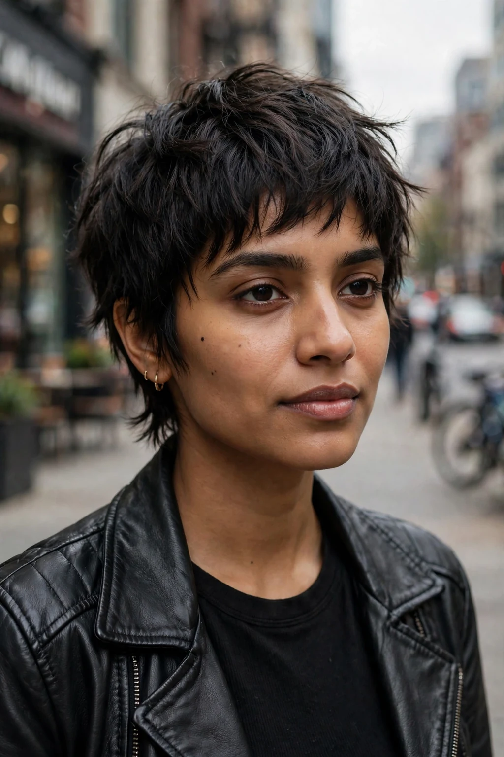 Beautiful woman with fine hair and pixie shag, edgy pixie shag, bold light.