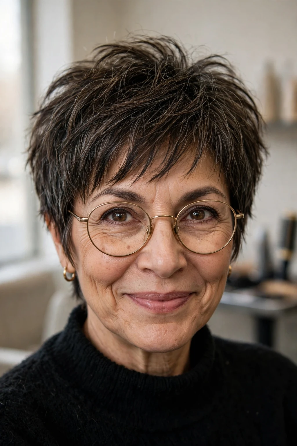 Elegant woman over 50 with fine hair and glasses and pixie shag, textured lived-in layers, edgy light.