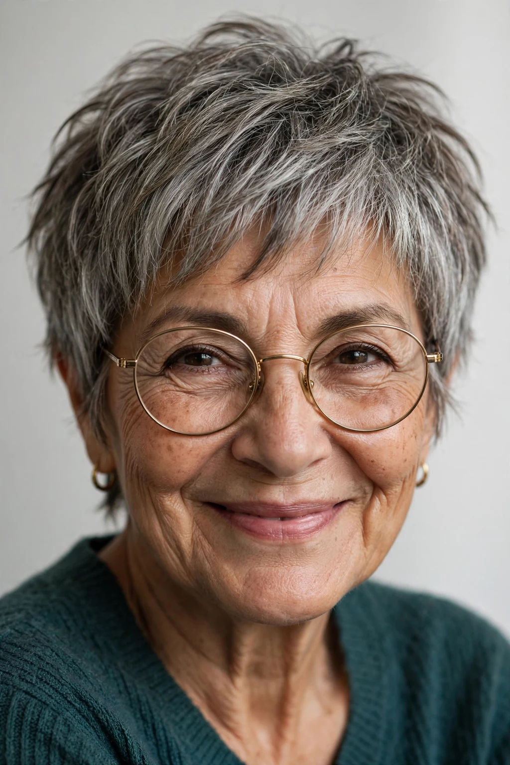 Elegant older woman with fine hair and glasses and pixie shag, textured lived-in layers, edgy light.