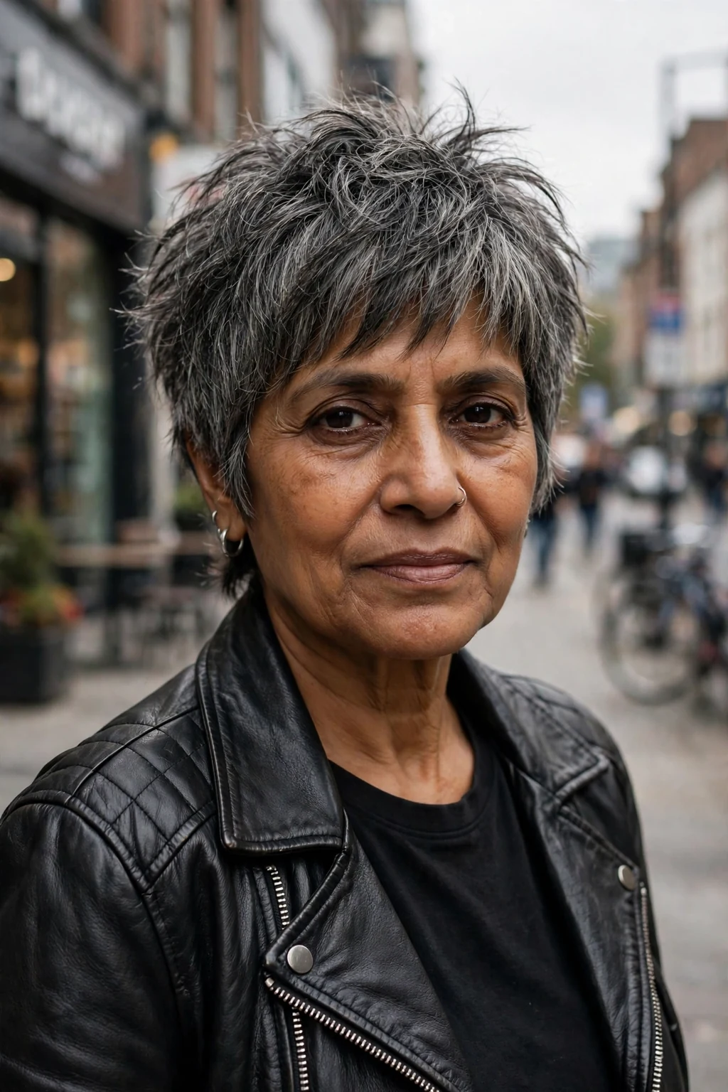 Beautiful woman over 60 with pixie shag, edgy pixie shag, bold light.