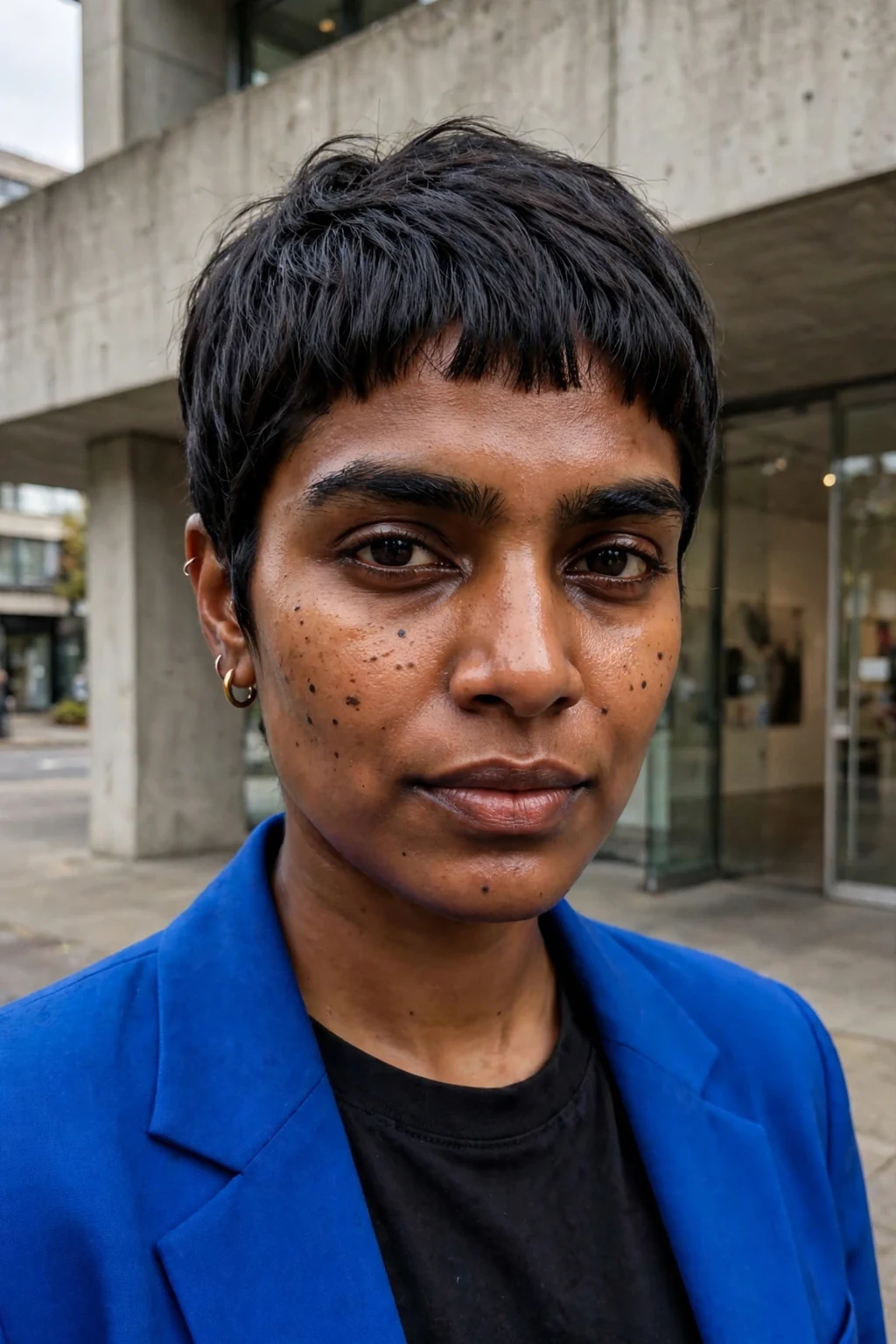 A young woman with a pixie haircut and a blunt fringe cut straight across the forehead.