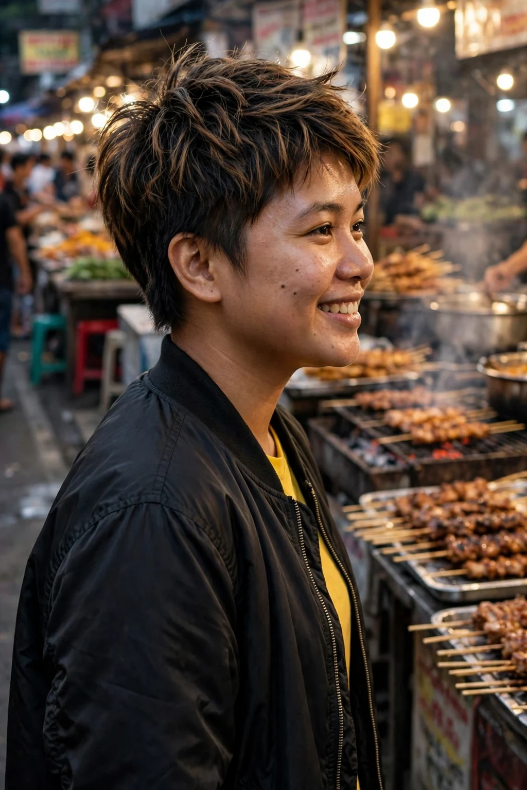 A young woman with a pixie haircut and choppy crown layers stacked for height.