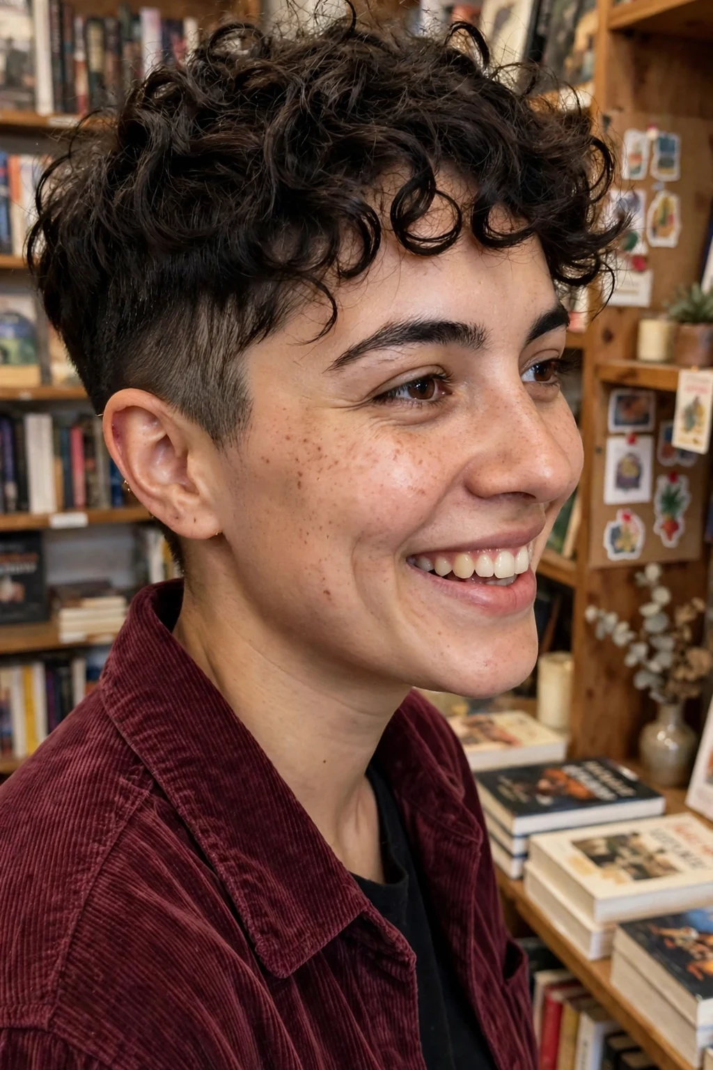 A young woman with a pixie haircut and a curly fringe, springy curls falling across the forehead with tapered sides.