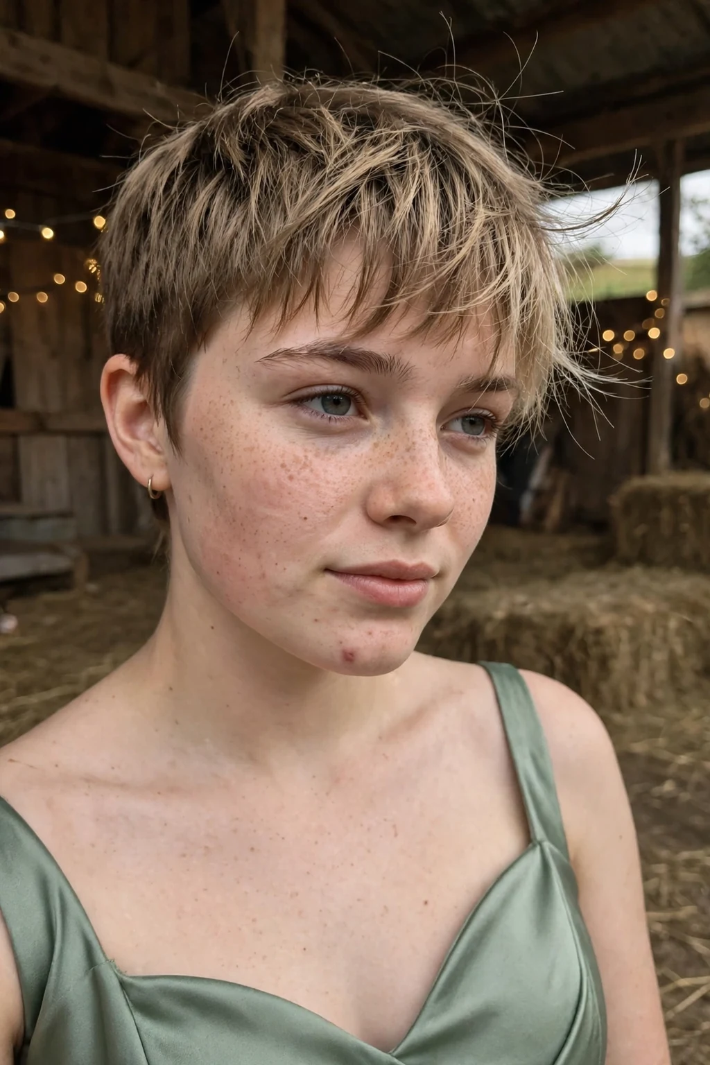 Young woman aged 18 to 20 with pixie with long bangs hairstyle for prom, a countryside barn venue with fairy lights.