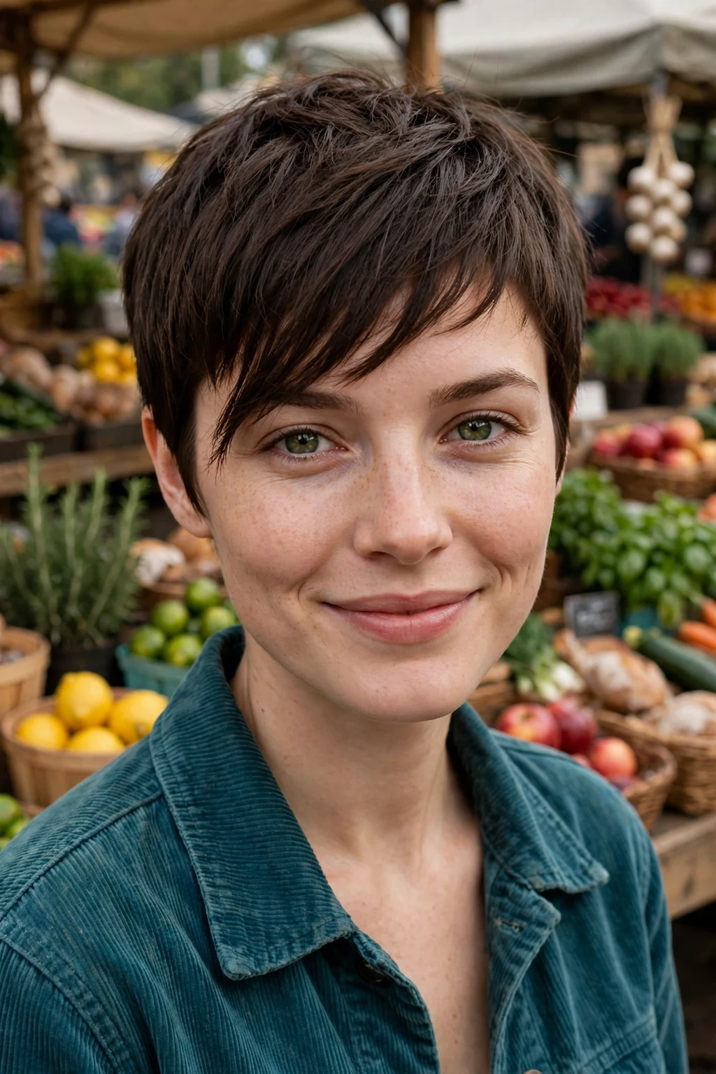A young woman with a pixie haircut and a long fringe sweeping across her forehead and eyes.
