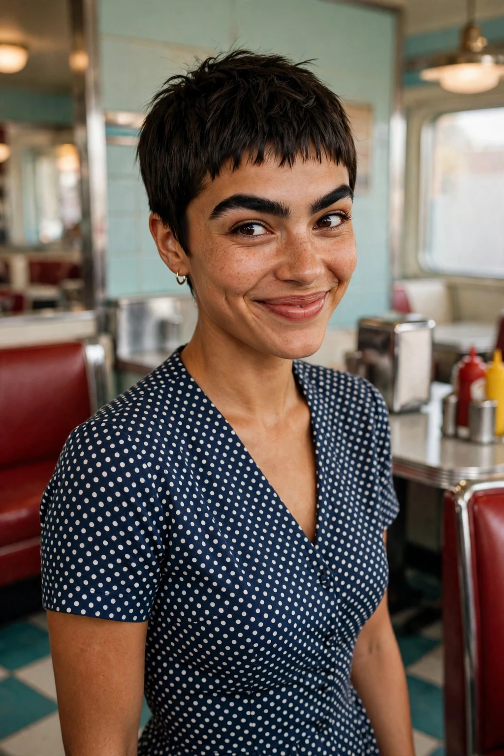 A young woman with a pixie haircut and micro bangs cut short above the eyebrows.