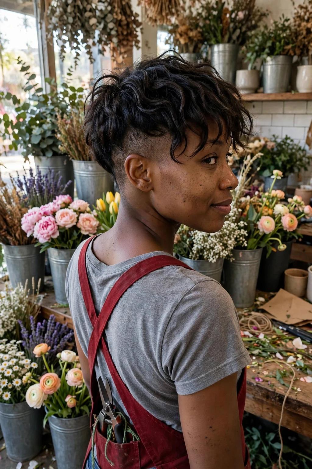 A young woman with a pixie haircut and a shaved nape under longer textured layers.