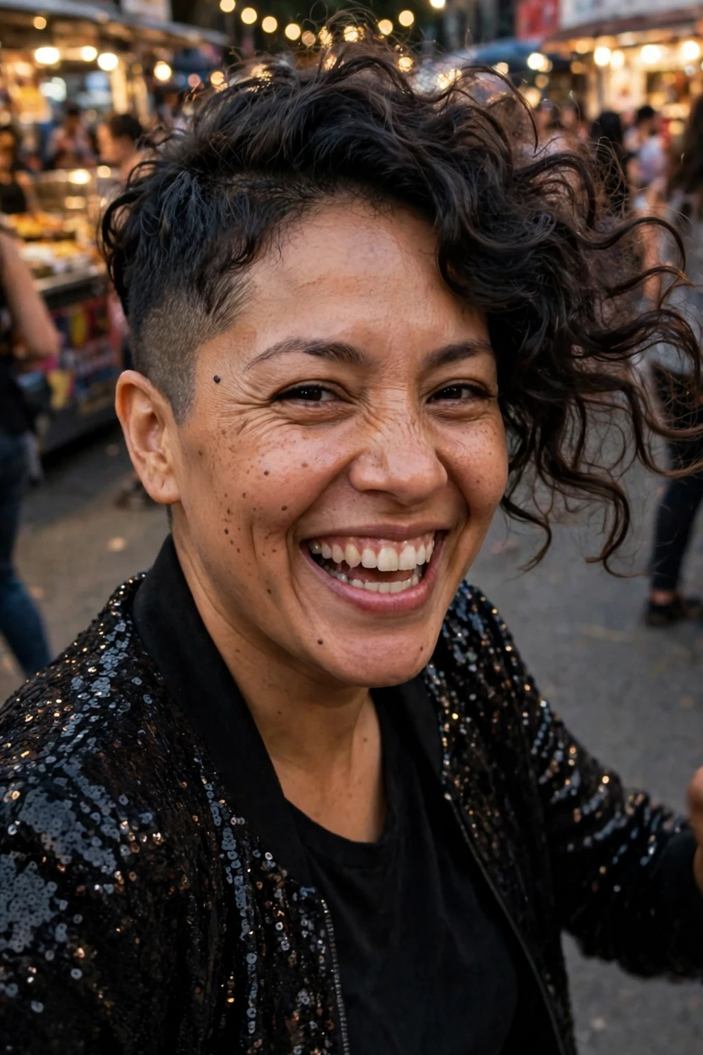 A young woman with a pixie haircut and side-swept curls, defined curls swept dramatically to one side.