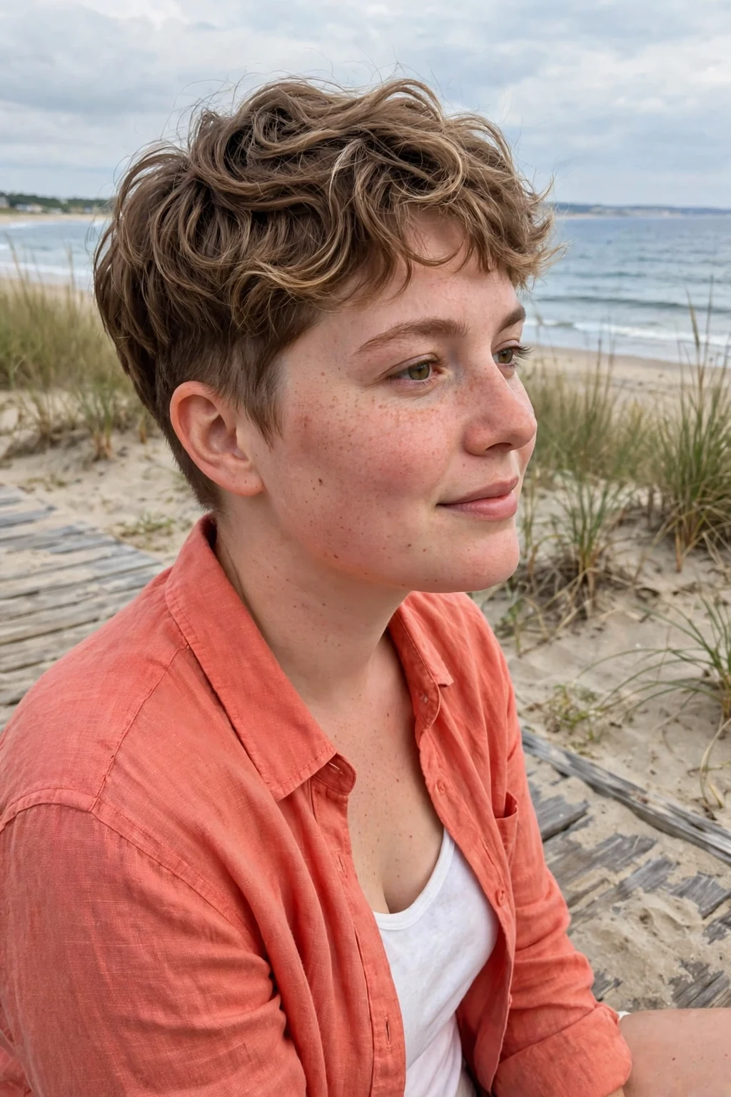A young woman with a pixie haircut and soft waves rippling through the longer top.