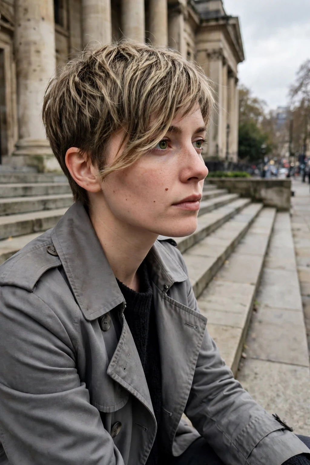 A young woman with a pixie haircut and a swooping fringe falling low across one eye.