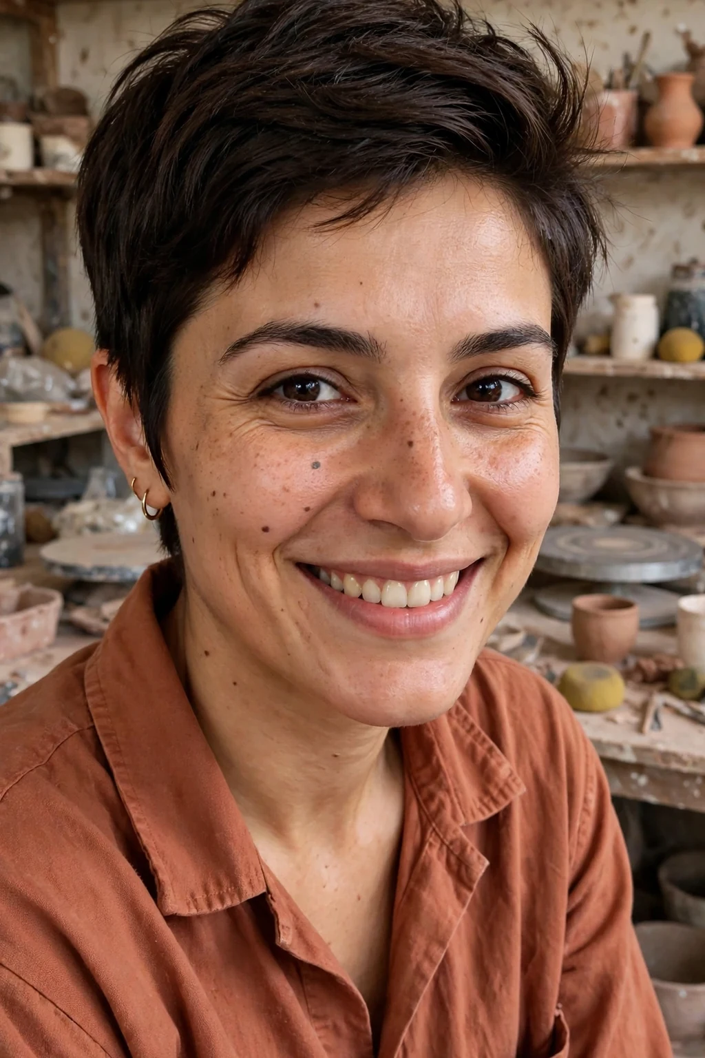 A young woman with a pixie haircut and tapered sideburns blending into a textured swept top.