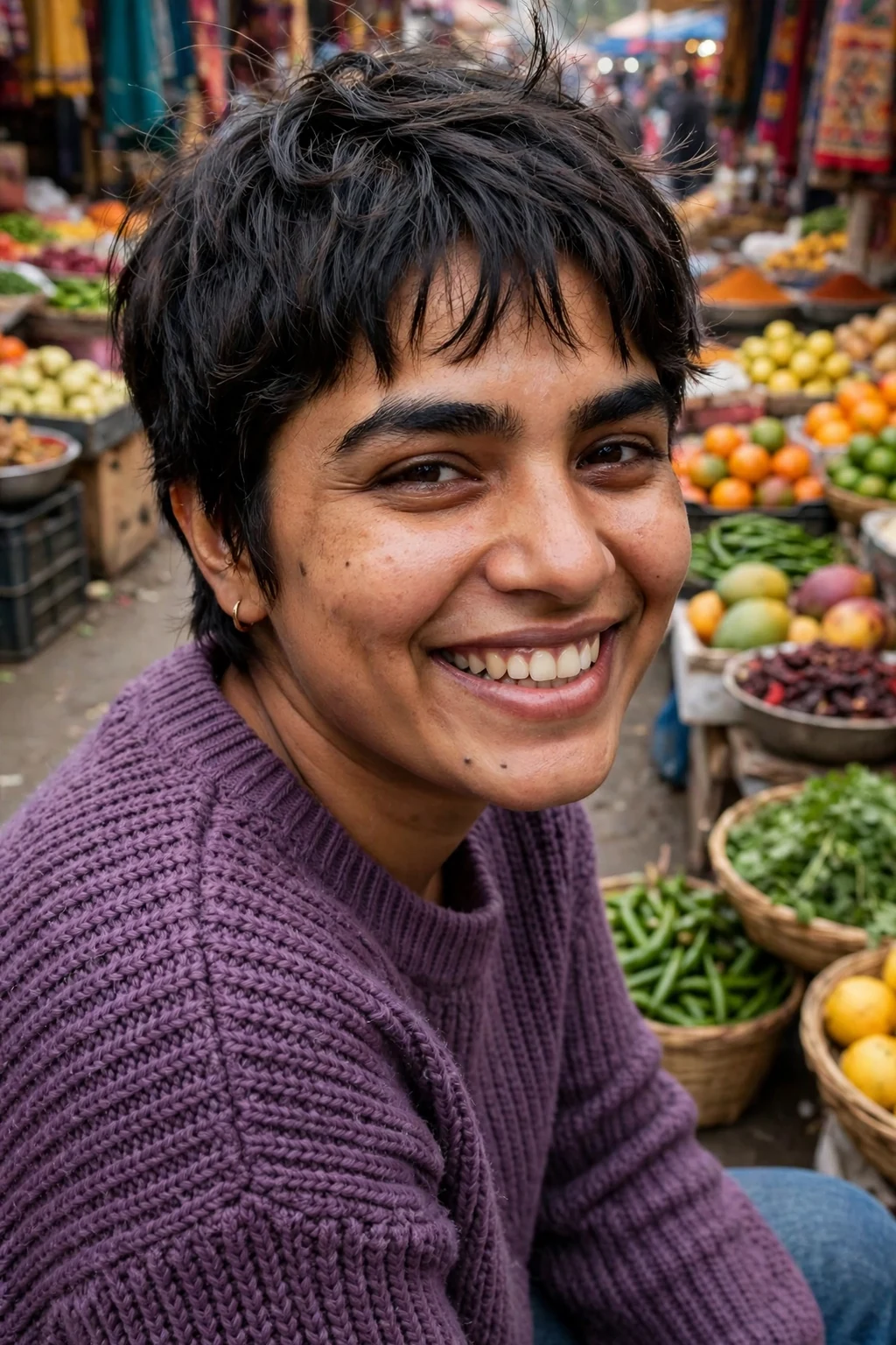 A young woman with a pixie haircut and wispy bangs brushed lightly across the forehead.