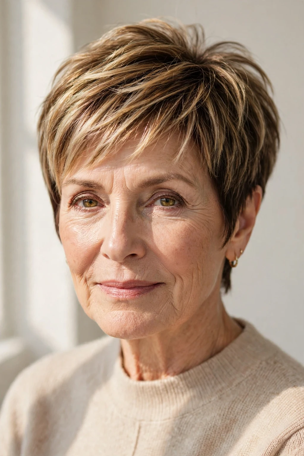 Elegant woman over 50 with balayage pixie, hand-painted dimensional color, sunlit photo.