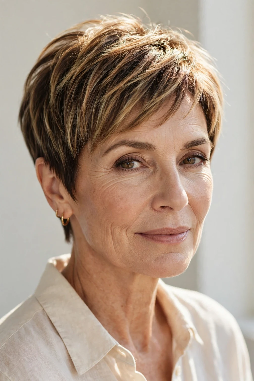 Elegant woman over 60 with balayage pixie, hand-painted dimensional color, sunlit photo.