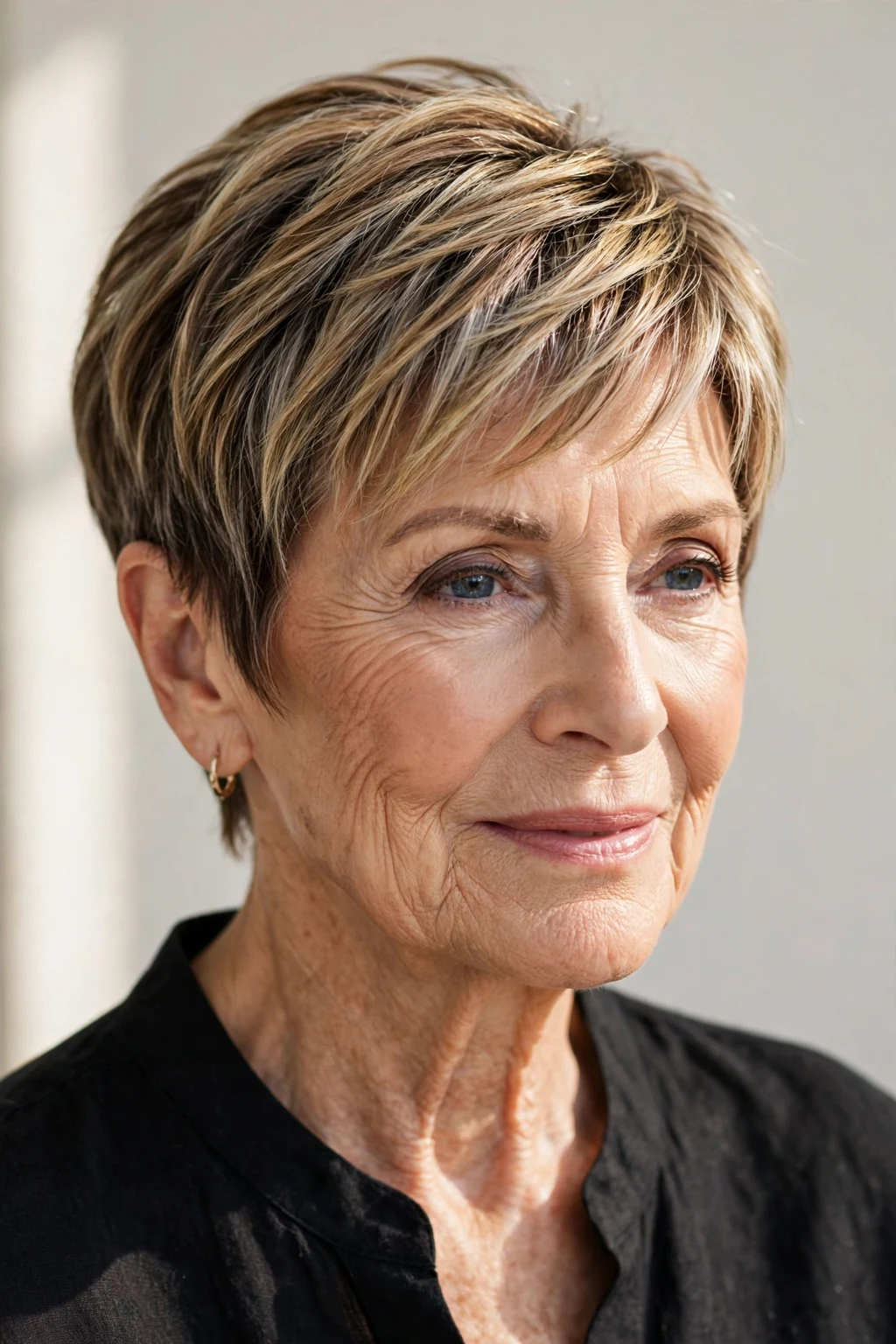 Elegant woman over 70 with balayage pixie, hand-painted dimensional color, sunlit photo.
