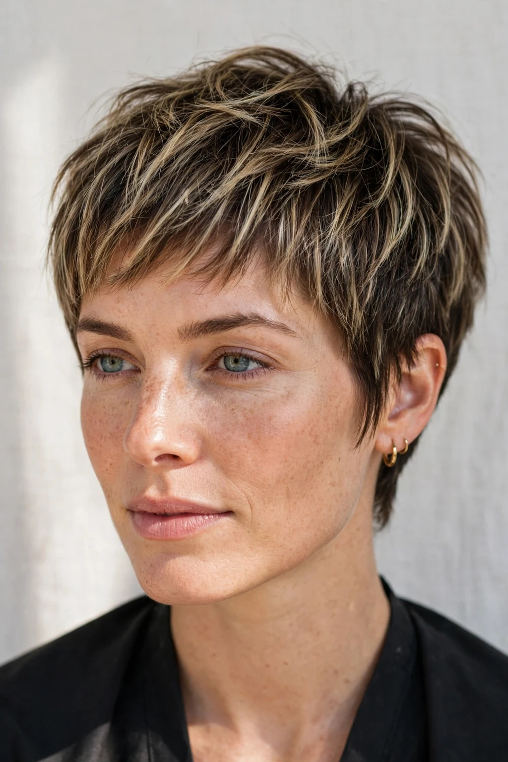 Woman with pixie and balayage dimension, painted color on short layers, sunlit photo.