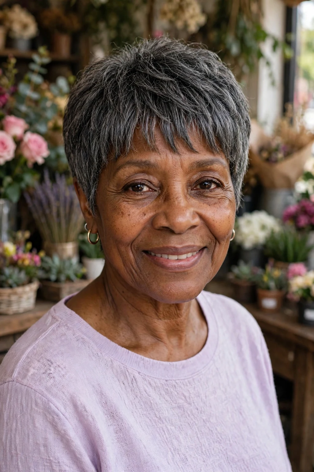 Beautiful older woman with pixie with bangs wash-and-wear, cute pixie with bangs, sweet light.