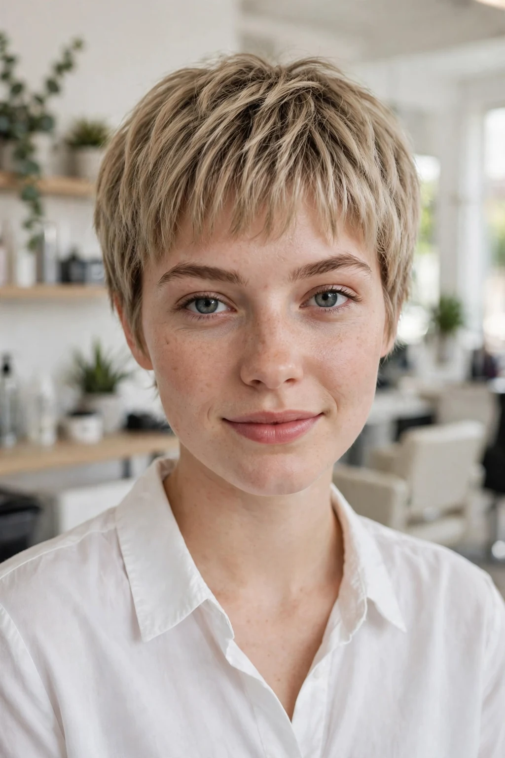 Beautiful woman with pixie with bangs, chic pixie with bangs, salon light.