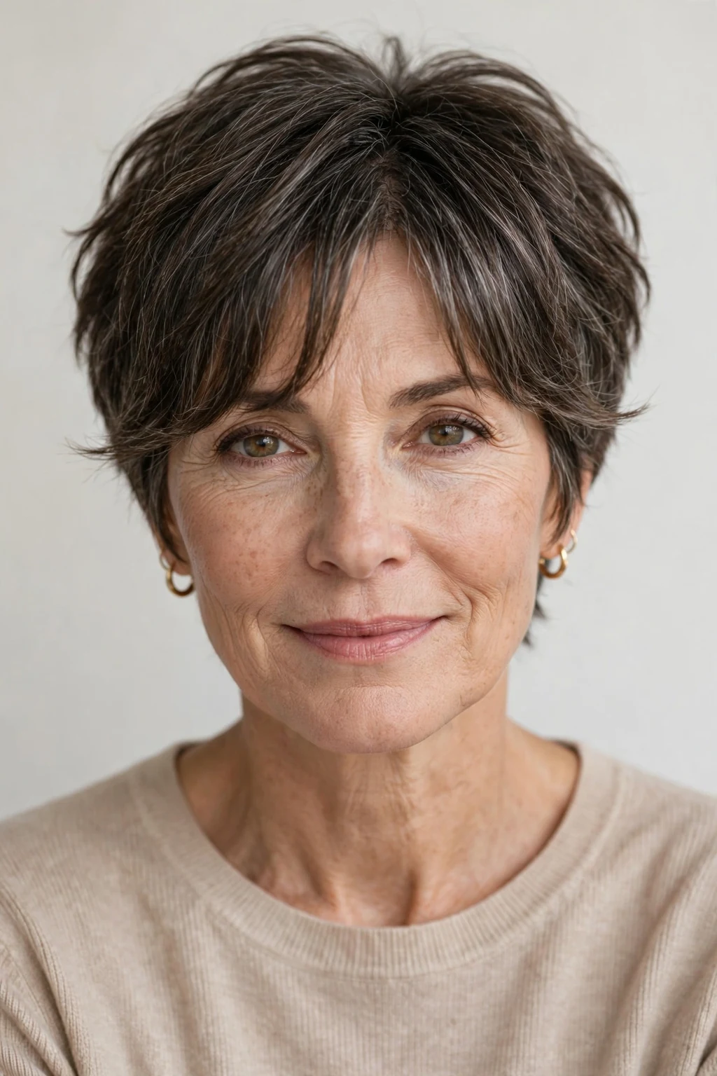 Elegant woman over 50 with pixie with curtain bangs, soft parted fringe, flattering light.