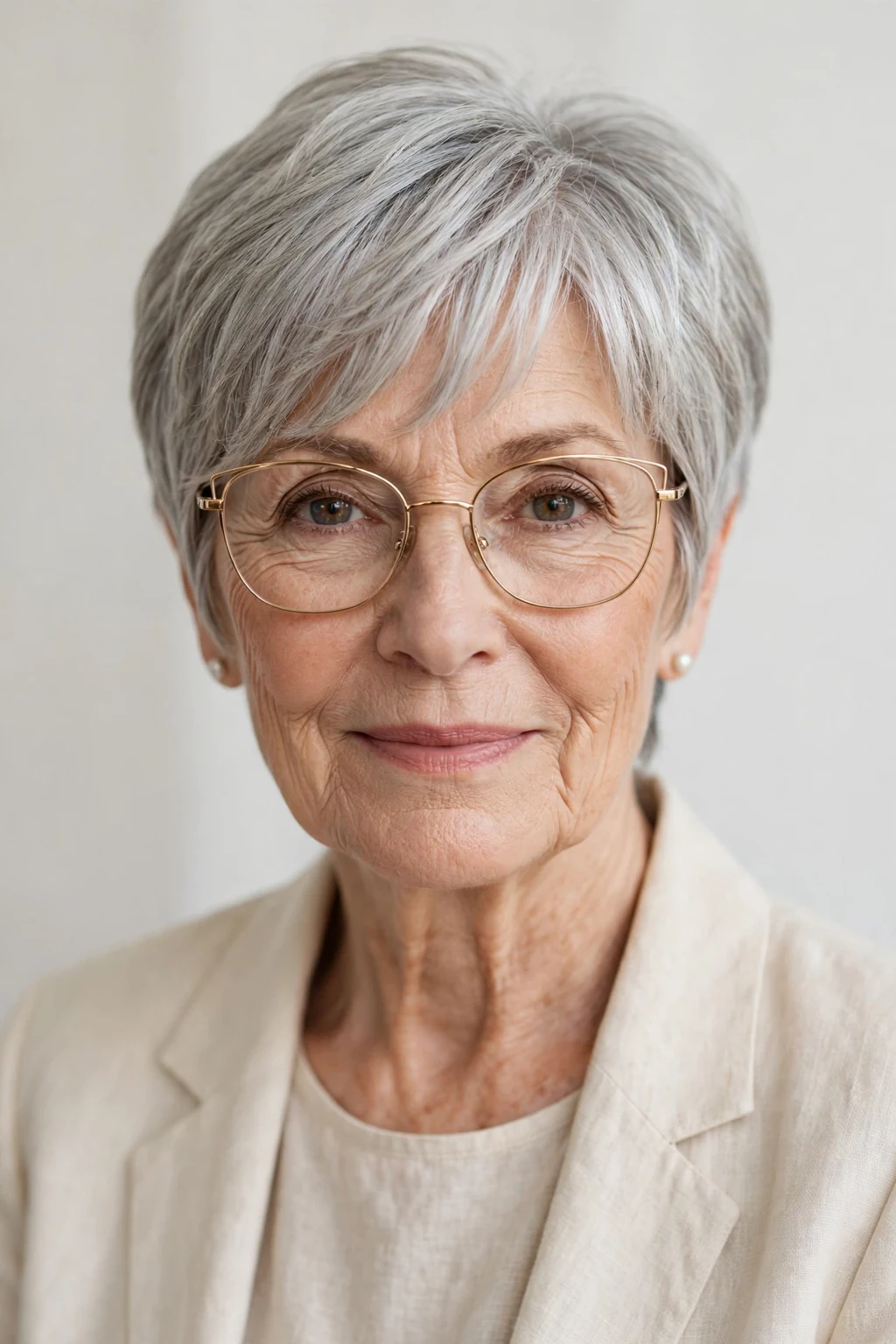 Elegant woman over 70 with glasses and pixie with curtain bangs, soft parted fringe, flattering light.