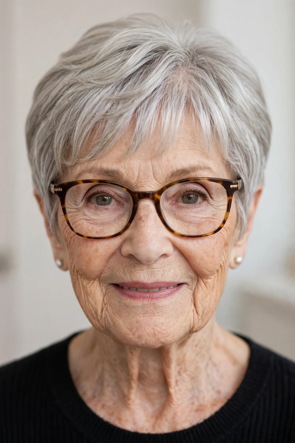 Elegant woman over 80 with glasses and pixie with curtain bangs, soft parted fringe, flattering light.