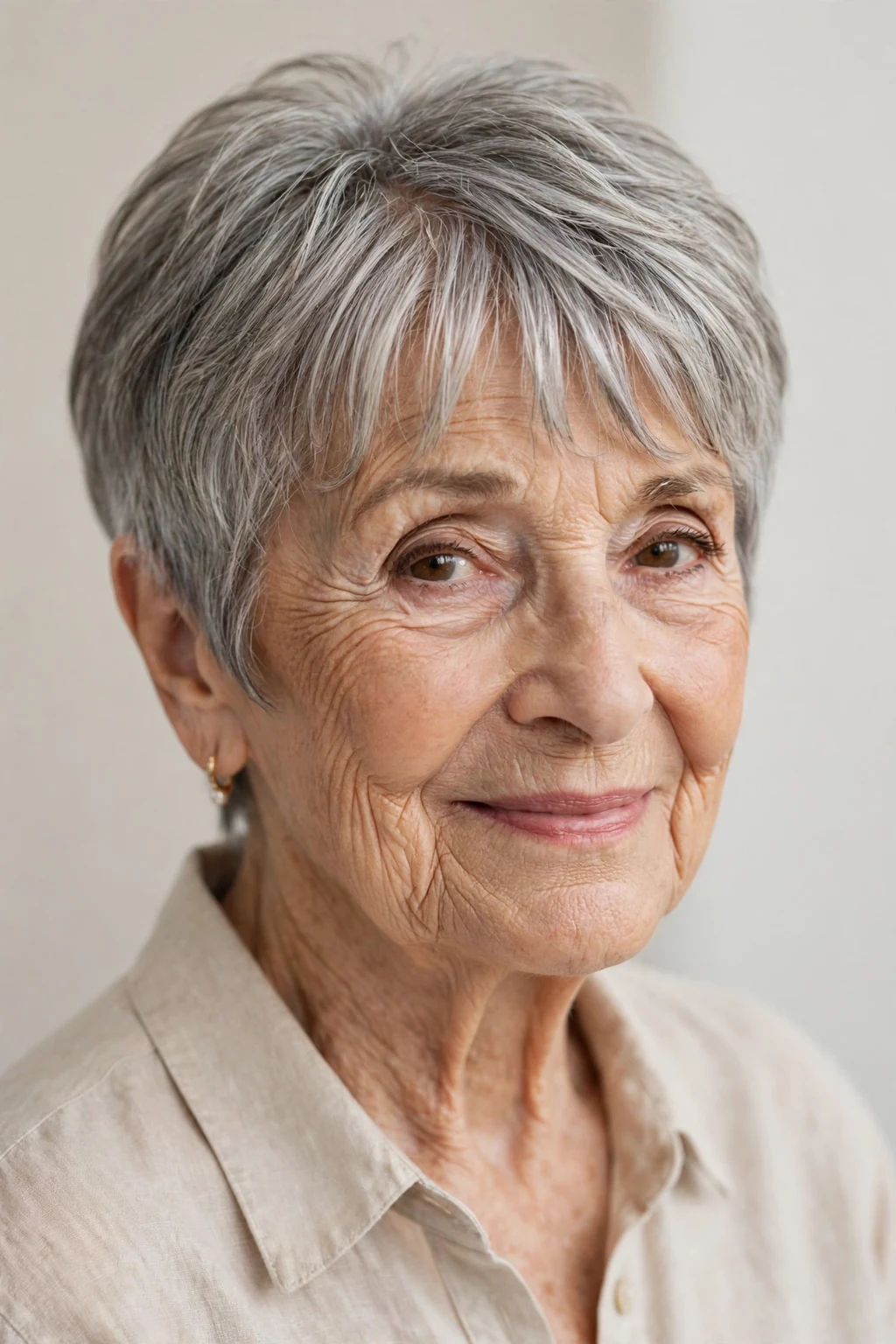 Elegant woman over 80 with pixie and curtain bangs, soft parted fringe, flattering light.