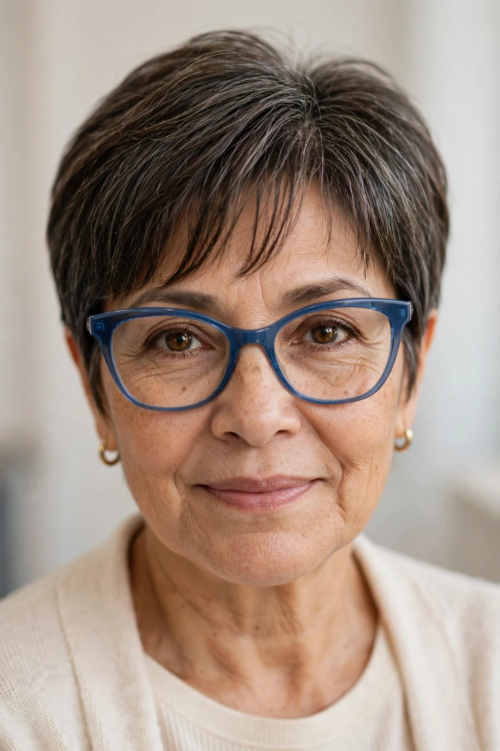 Elegant woman over 50 with fine hair and glasses and pixie with curtain bangs, soft parted fringe, flattering light.