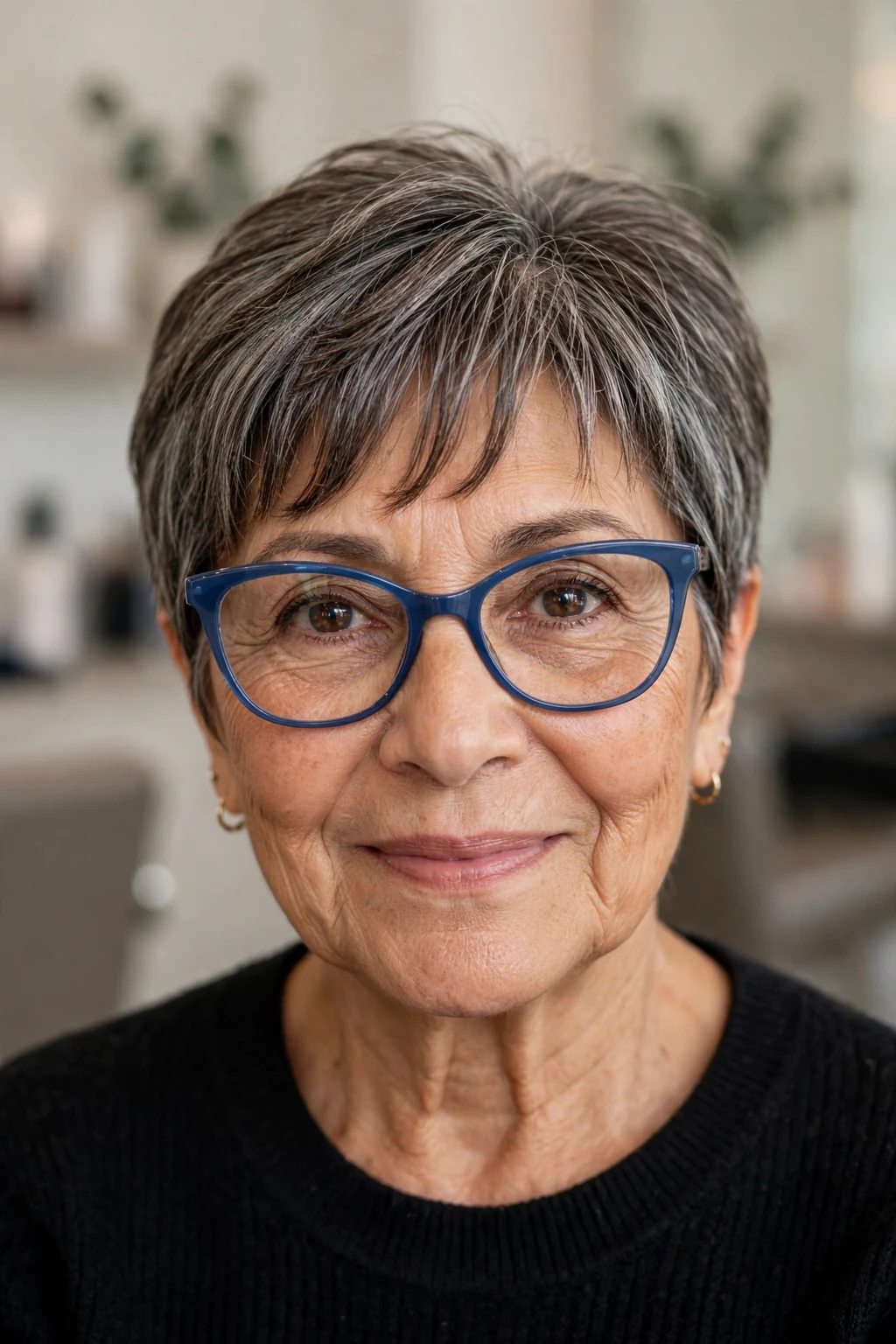 Elegant older woman with fine hair and glasses and pixie with curtain bangs, soft parted fringe, flattering light.