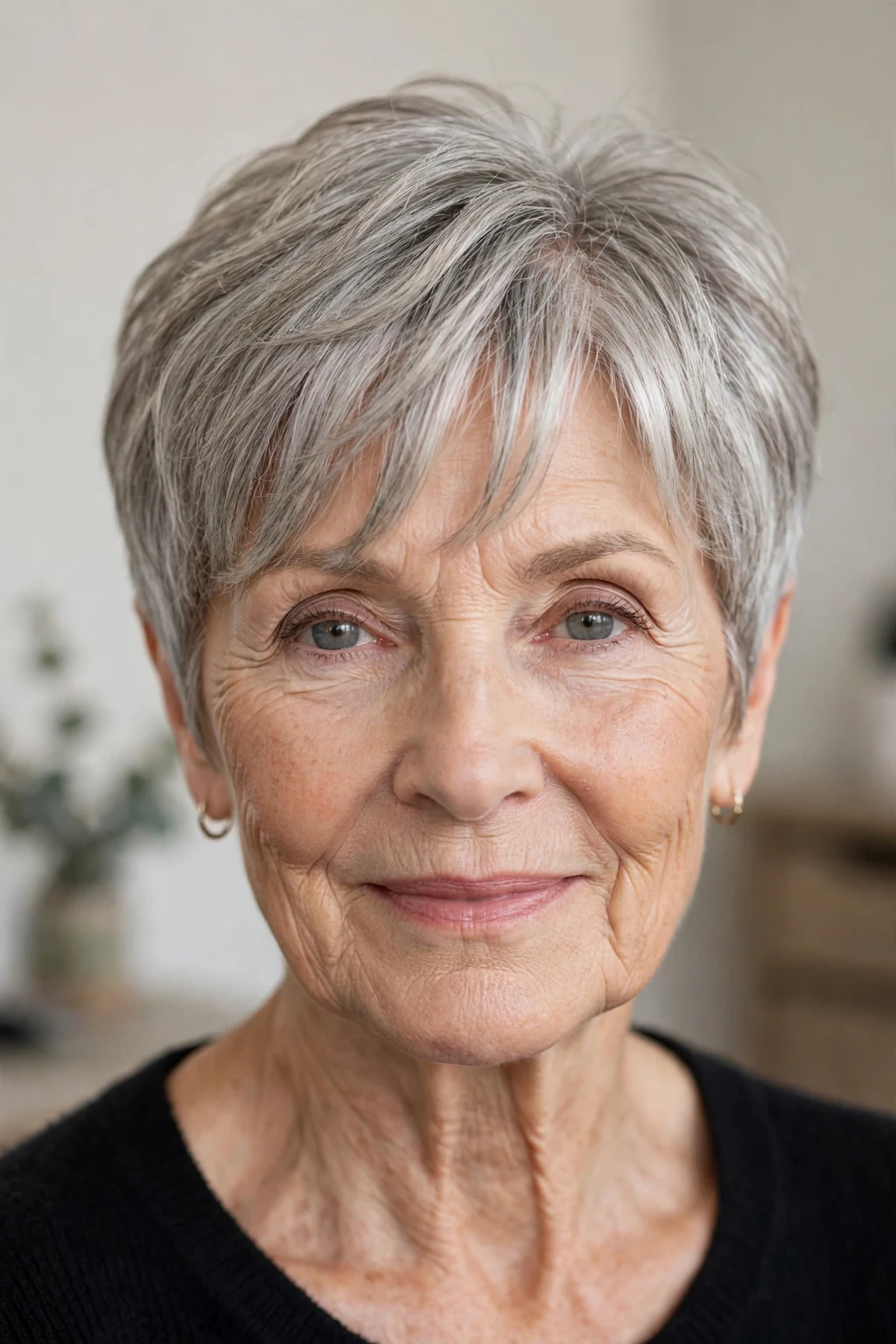 Elegant older woman with pixie with curtain bangs, soft parted fringe, flattering light.