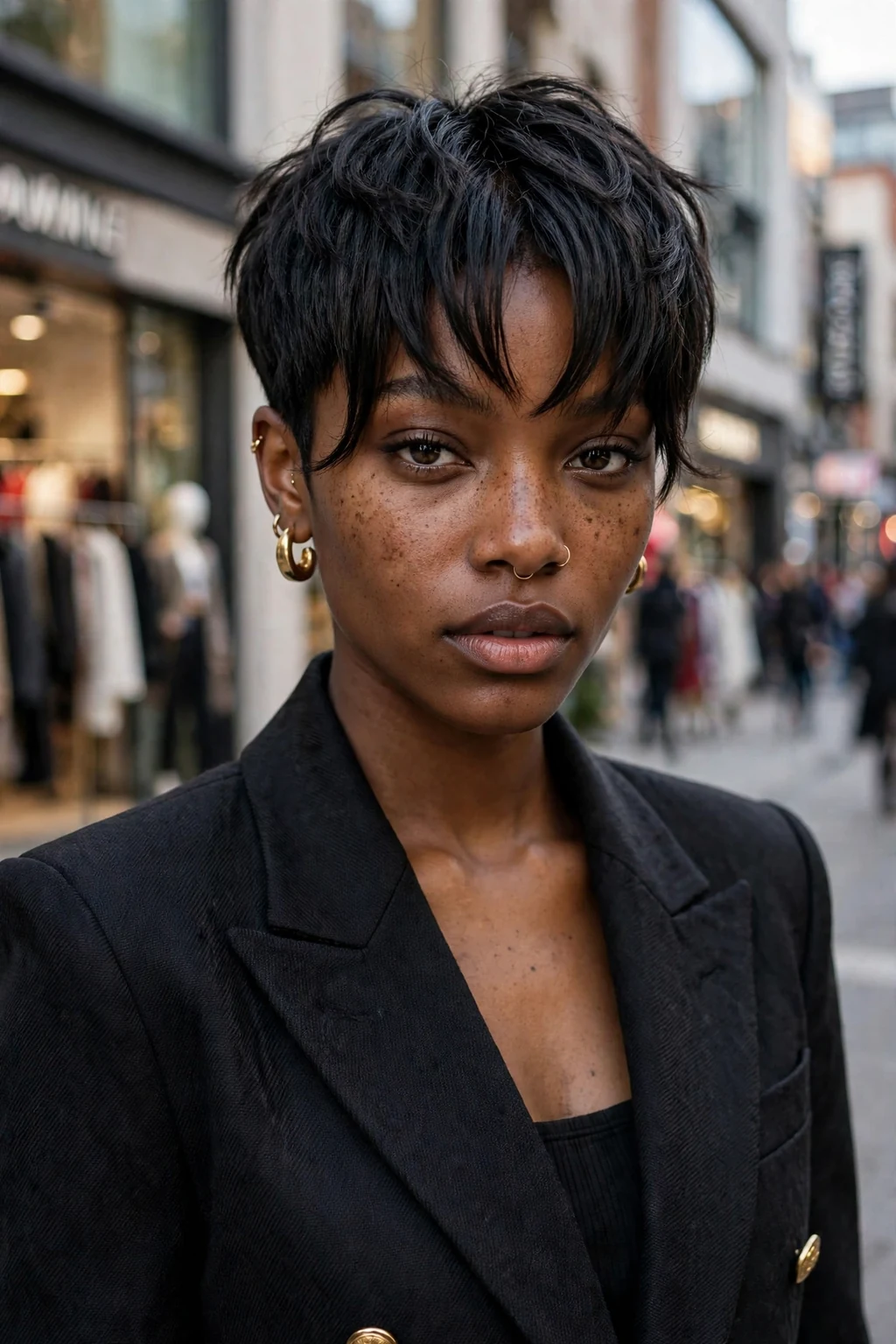 Beautiful woman with curtain bangs and pixie, edgy pixie with bangs, bold light.