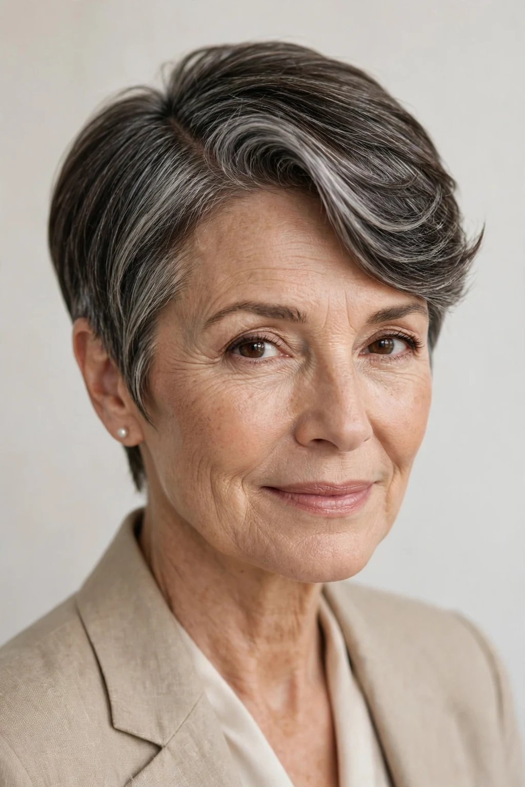 Elegant woman over 50 with pixie with deep side part, dramatic elegant sweep, refined light.