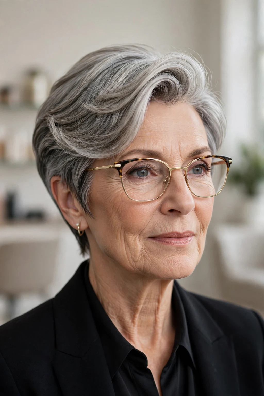 Elegant woman over 60 with glasses and pixie with deep side part, dramatic elegant sweep, refined light.