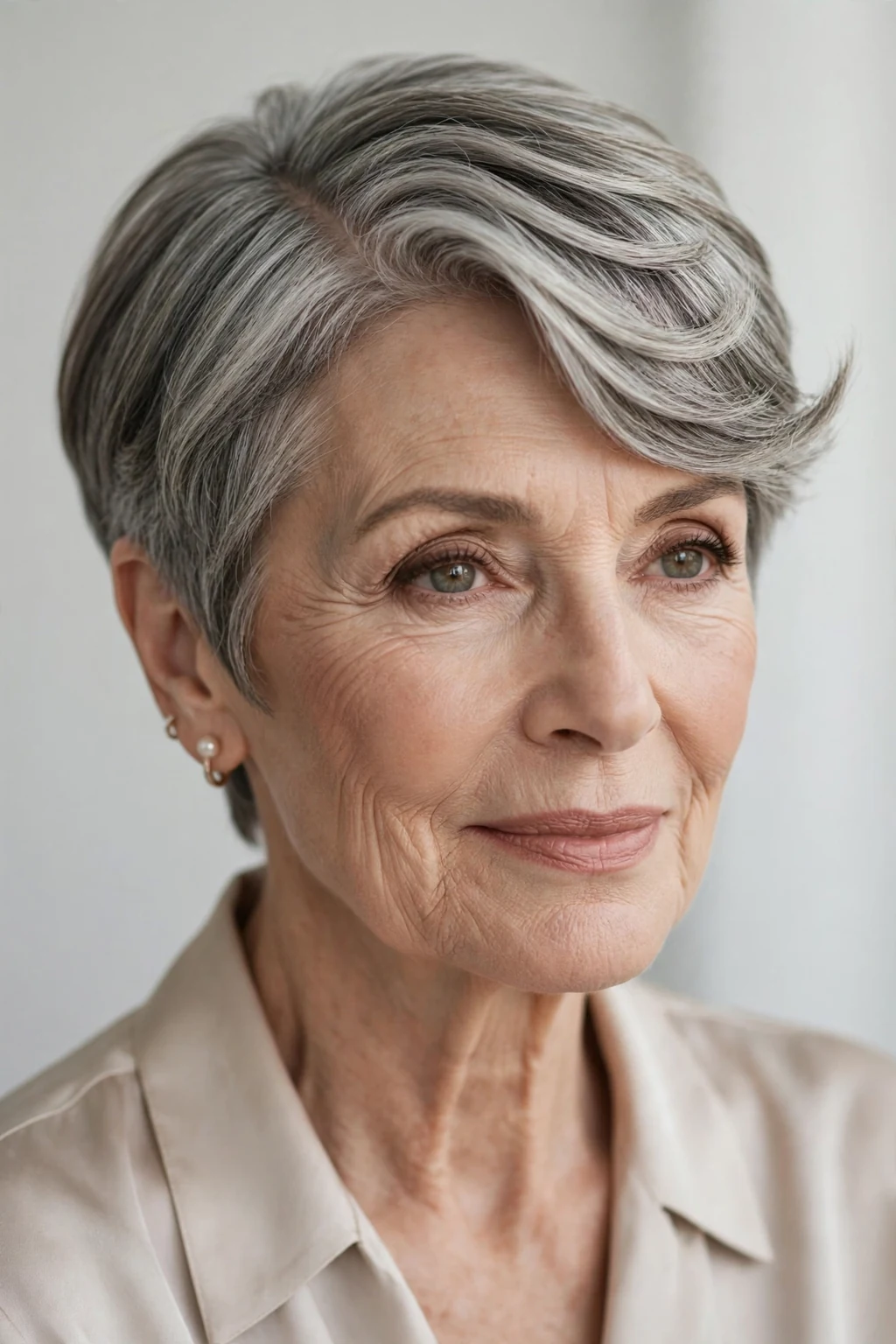 Elegant woman over 60 with deep side part pixie, dramatic elegant sweep, refined light.