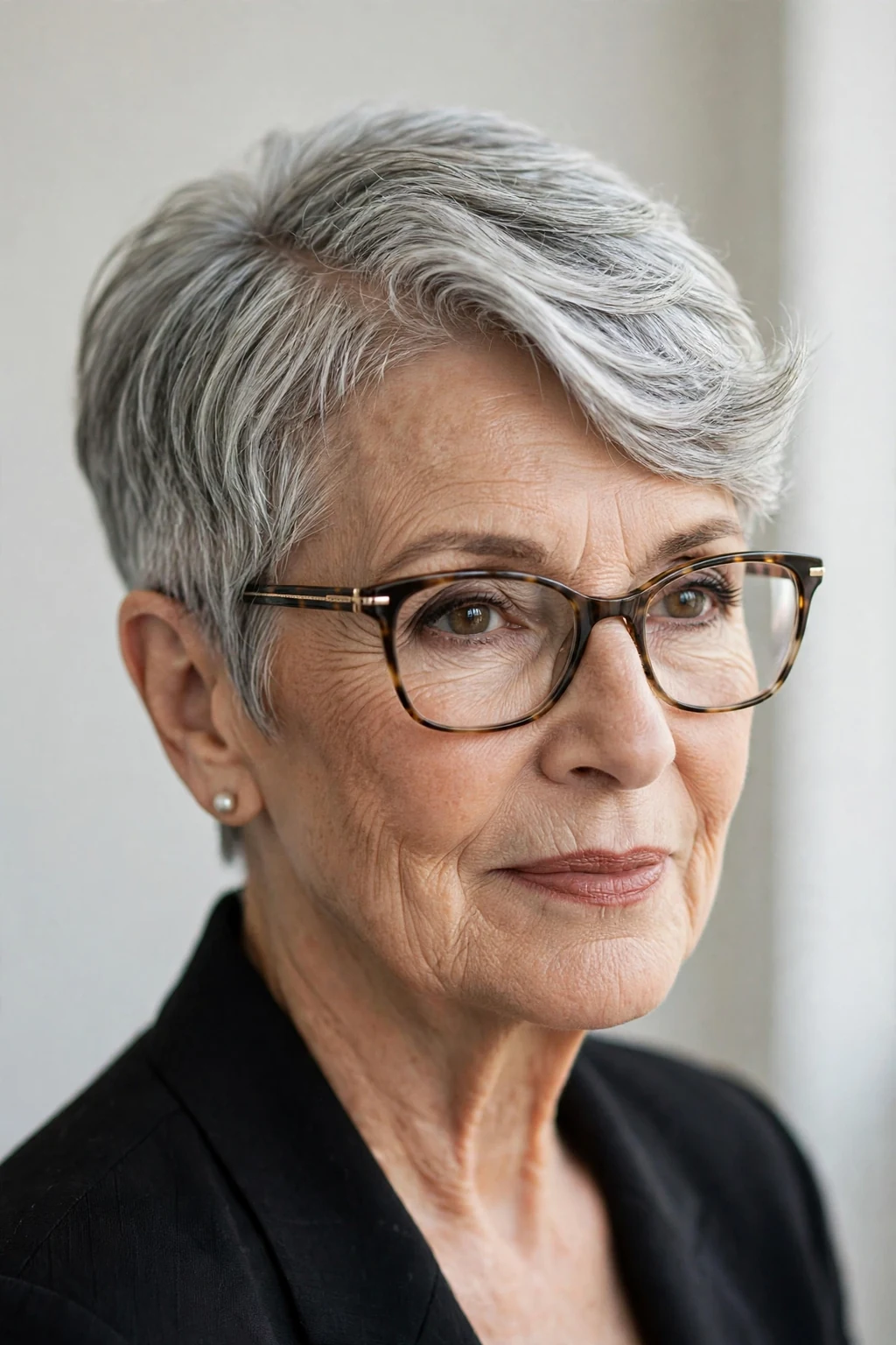 Elegant woman over 70 with glasses and pixie with deep side part, dramatic elegant sweep, refined light.