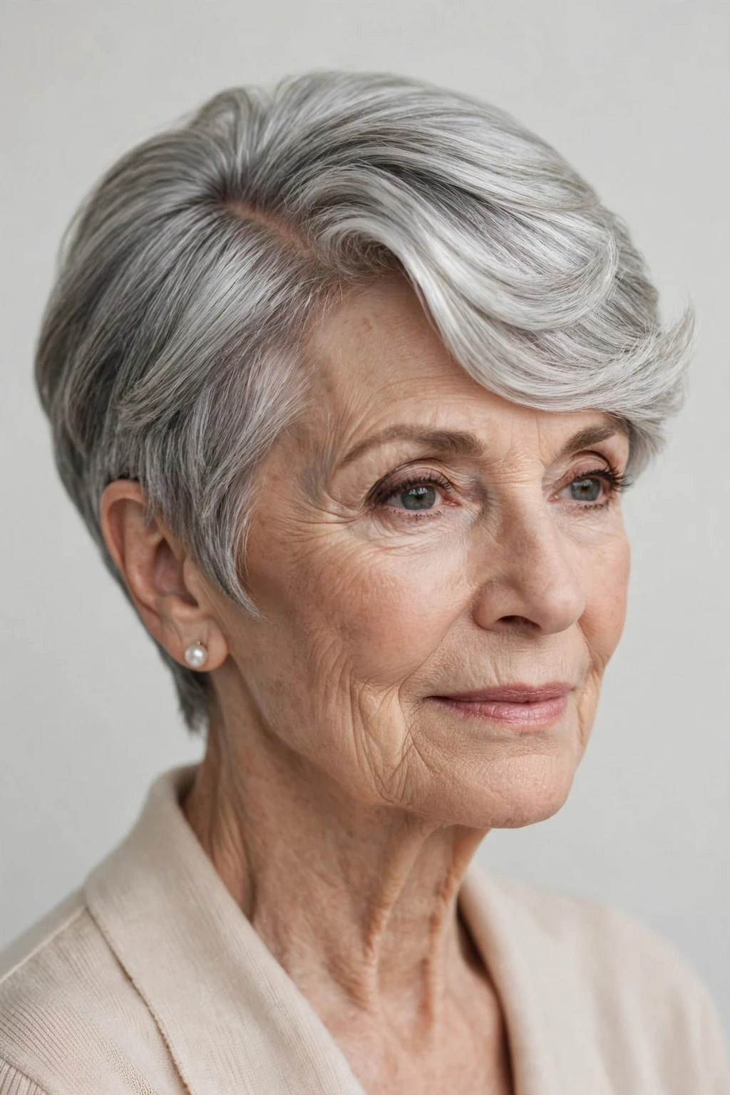 Elegant woman over 70 with pixie and deep side part, dramatic elegant sweep, refined light.
