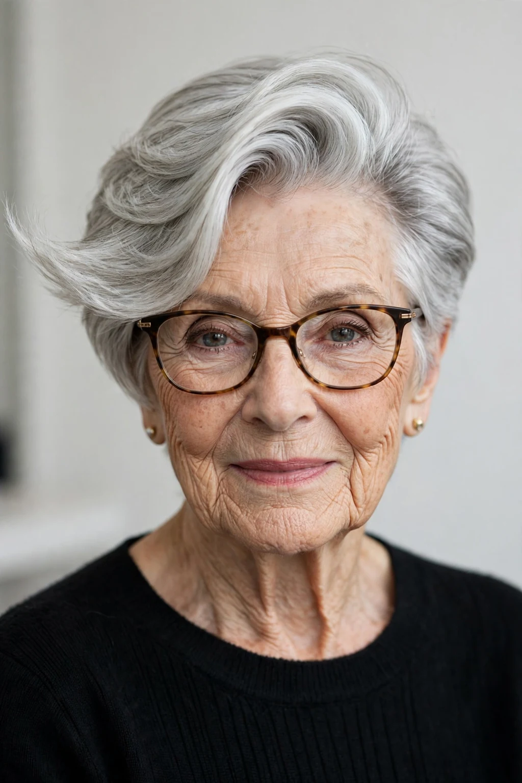 Elegant woman over 80 with glasses and pixie with deep side part, dramatic elegant sweep, refined light.