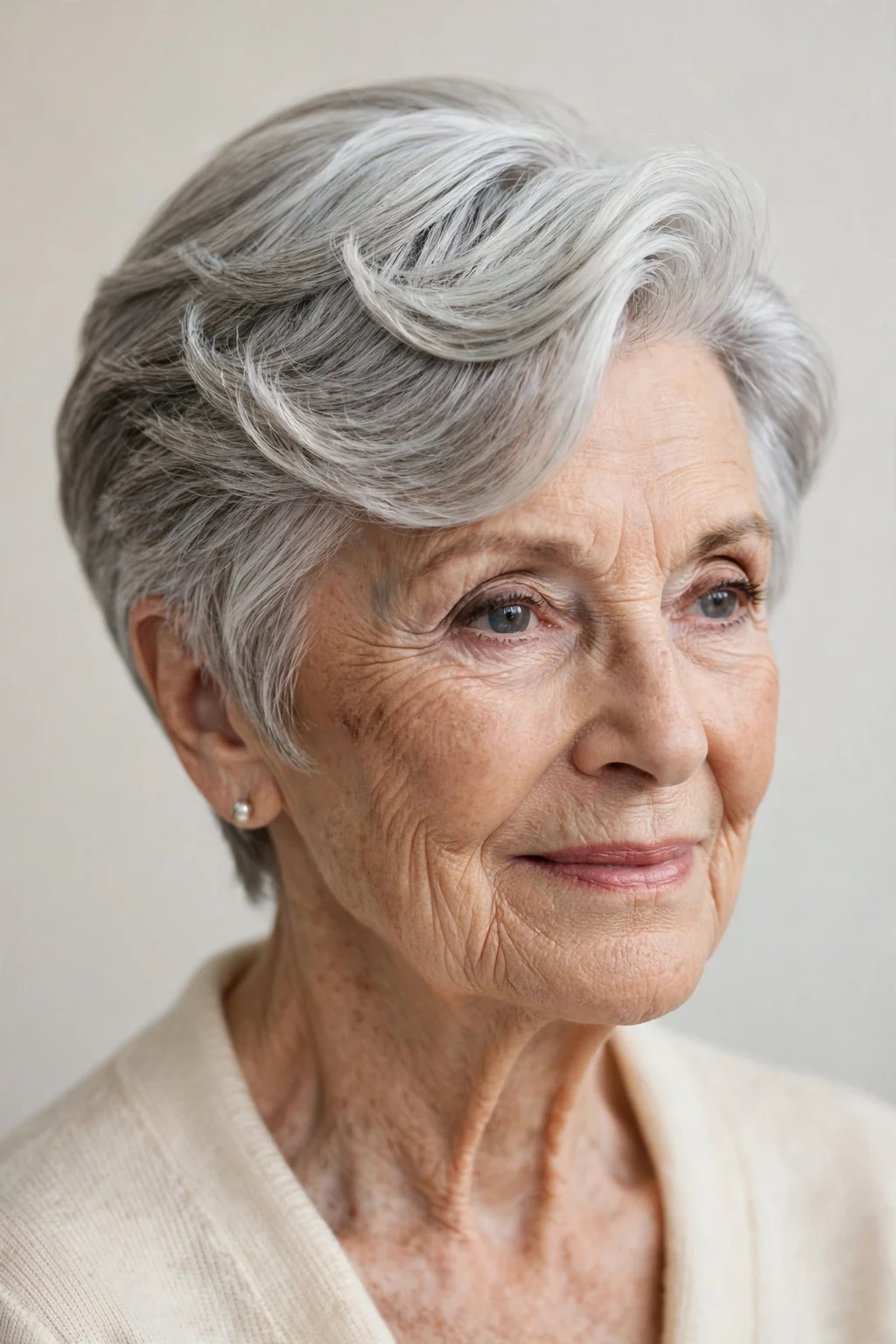 Elegant woman over 80 with pixie and deep side part, dramatic elegant sweep, refined light.