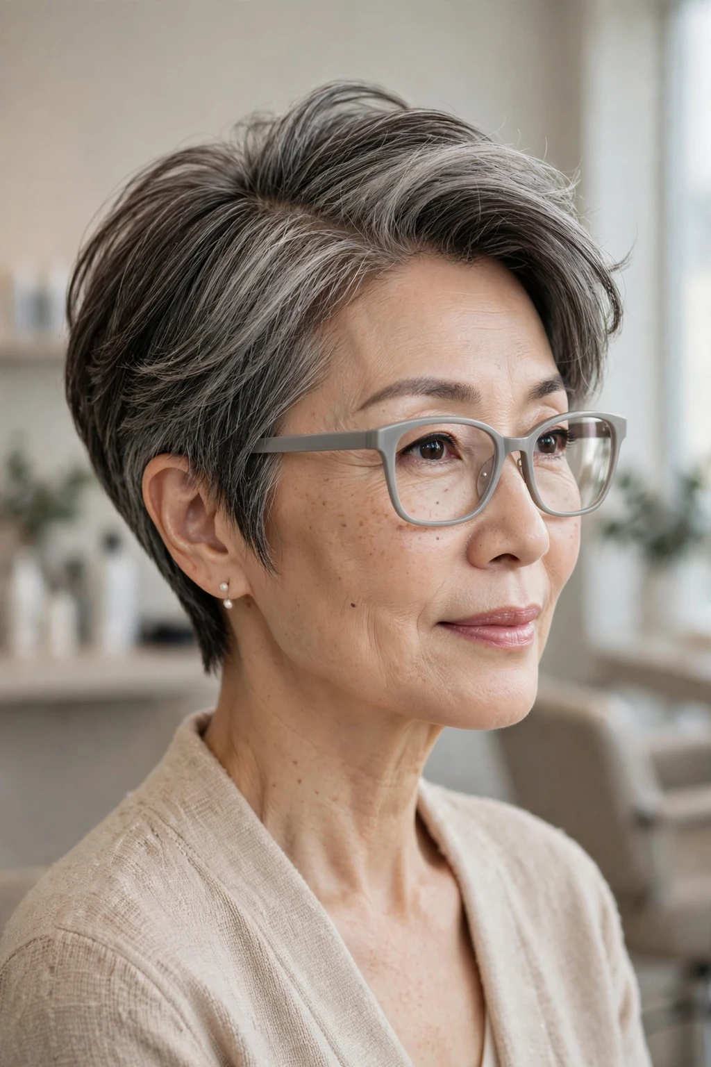 Elegant woman over 50 with fine hair and glasses and pixie with deep side part, elegant sweeping volume, refined light.